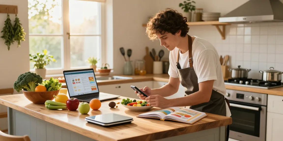 Best food tracker app interface in a cozy kitchen during meal prep.