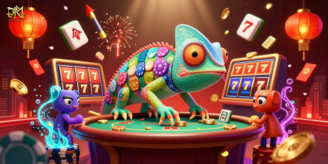 Experience the vibrant casino world of topnhacaimoi with a colorful chameleon and slot reels.