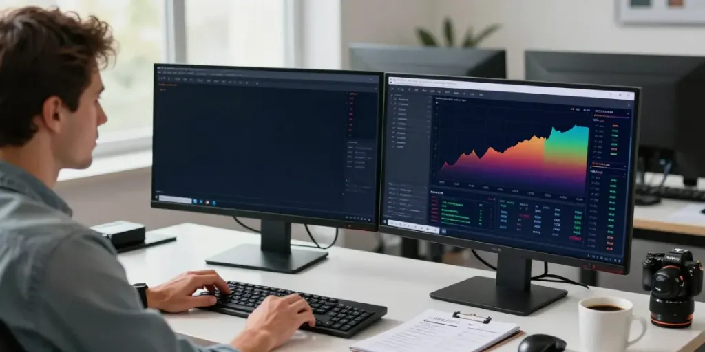 Trader using MetaTrader 5 at a modern workspace with multiple screens.