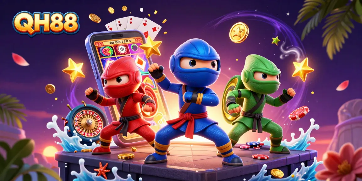 Experience the excitement of QH88 with chameleons showcasing martial arts among vibrant casino elements.