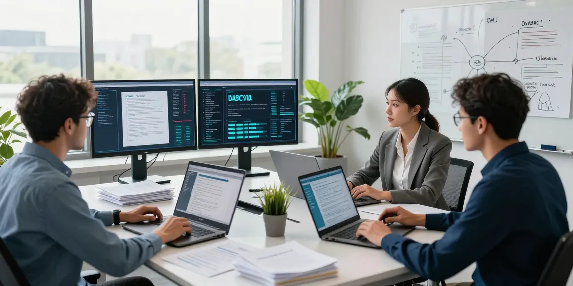 Document fraud detection software analysis in a professional cybersecurity office environment, showcasing a diverse team collaborating on digital document metrics.