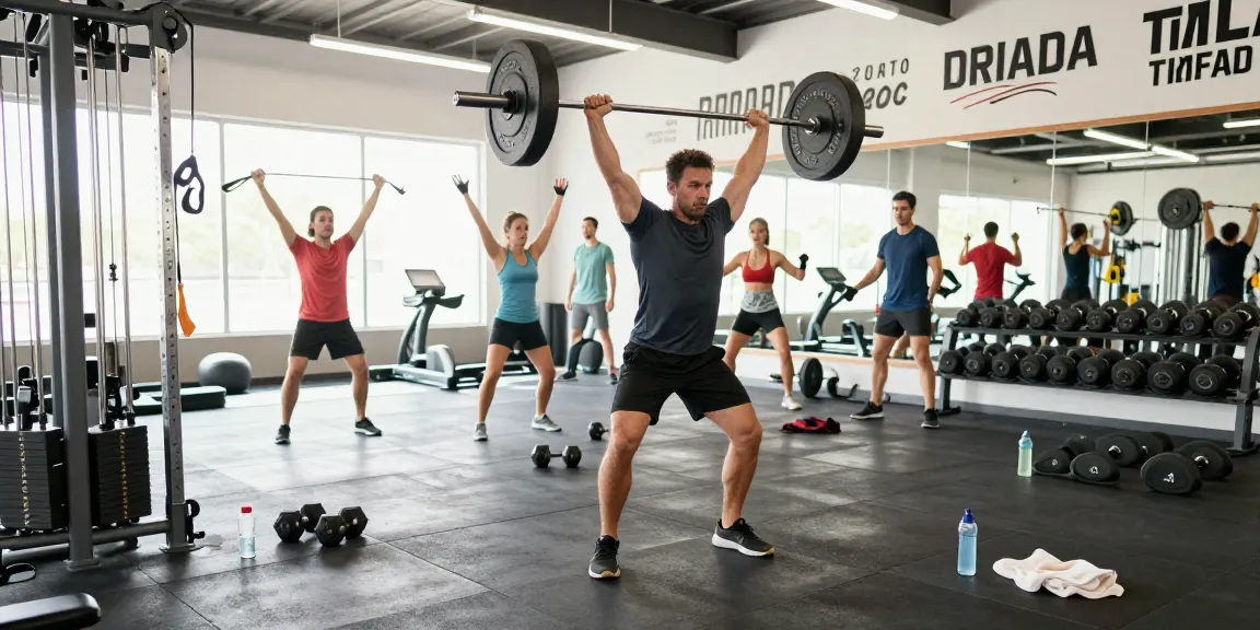 Athletic man training at Driada Shop gym with weights in a dynamic fitness environment.