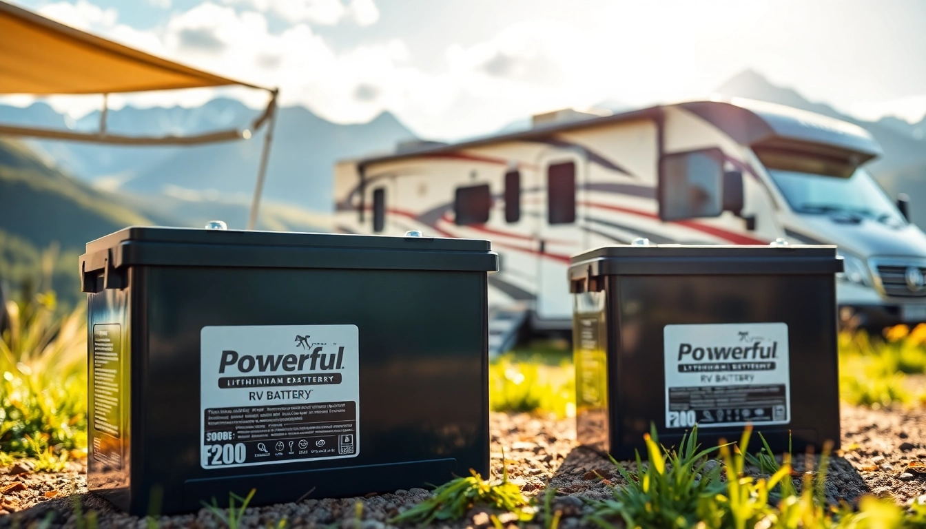 Powerful lithium RV batteries showcased in an outdoor setup with a scenic RV backdrop.