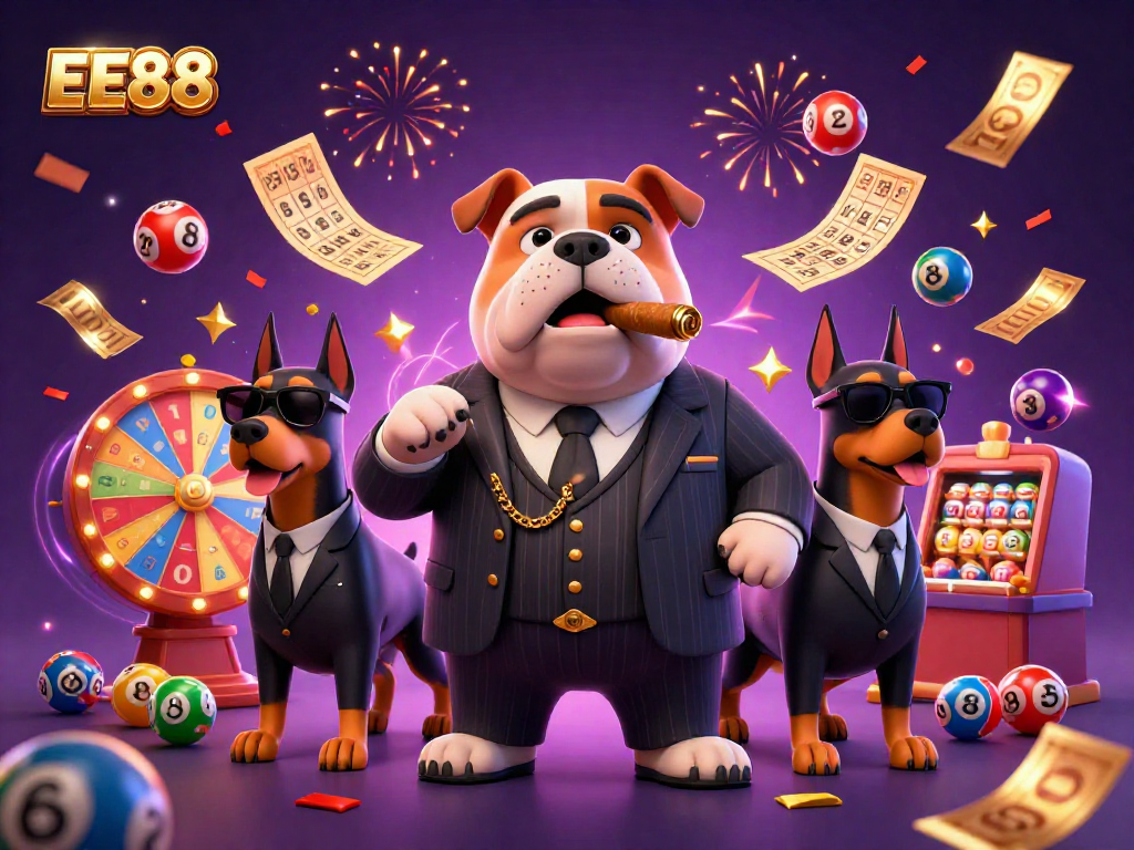 EE88 casino scene with a mafia bulldog and Doberman bodyguards surrounded by dynamic lottery elements.