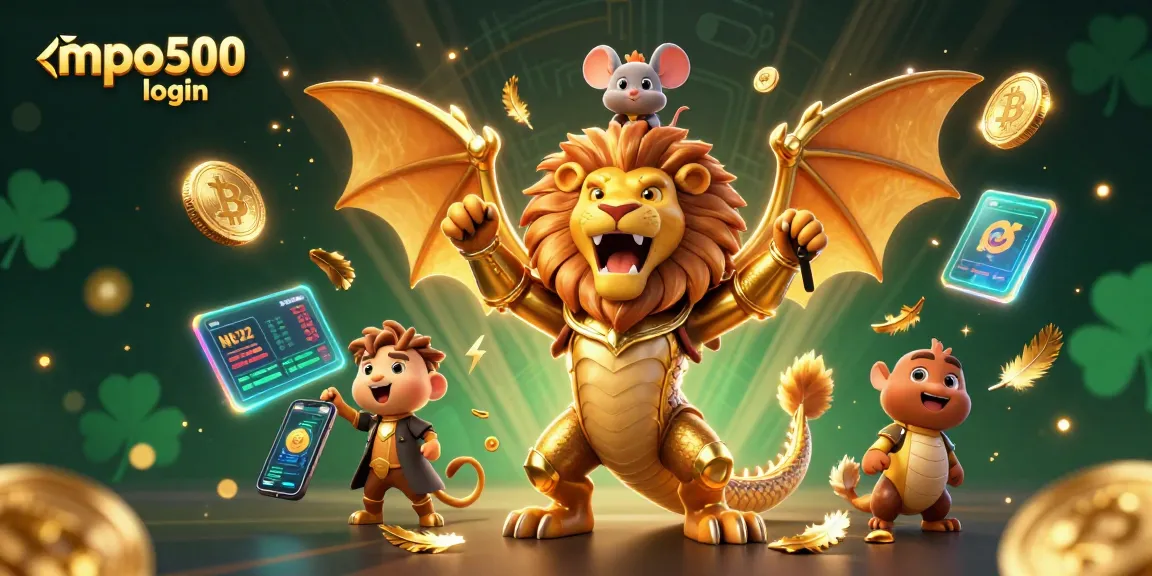 Experience the thrill of mpo500 login with a dynamic 3D scene featuring a chimera and cryptocurrency elements.