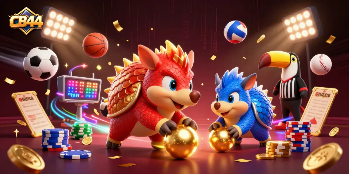 Engage in thrilling games at CB44 with competitive pangolin rivals amidst vibrant casino elements.
