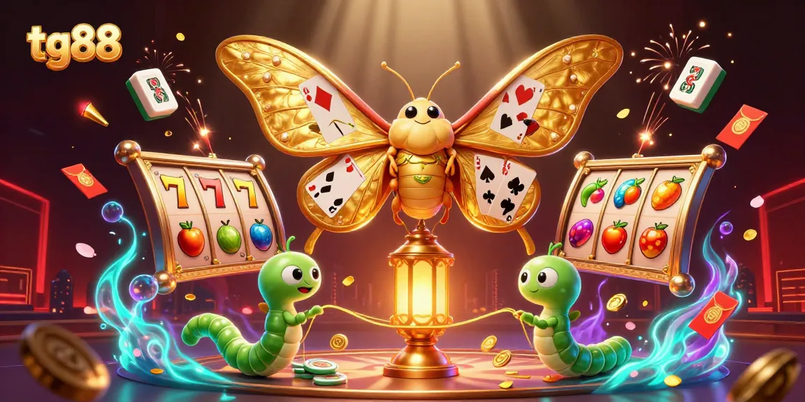 Experience thrilling gaming moments with tg88's dazzling 3D casino illustration featuring an atlas moth and dynamic elements.