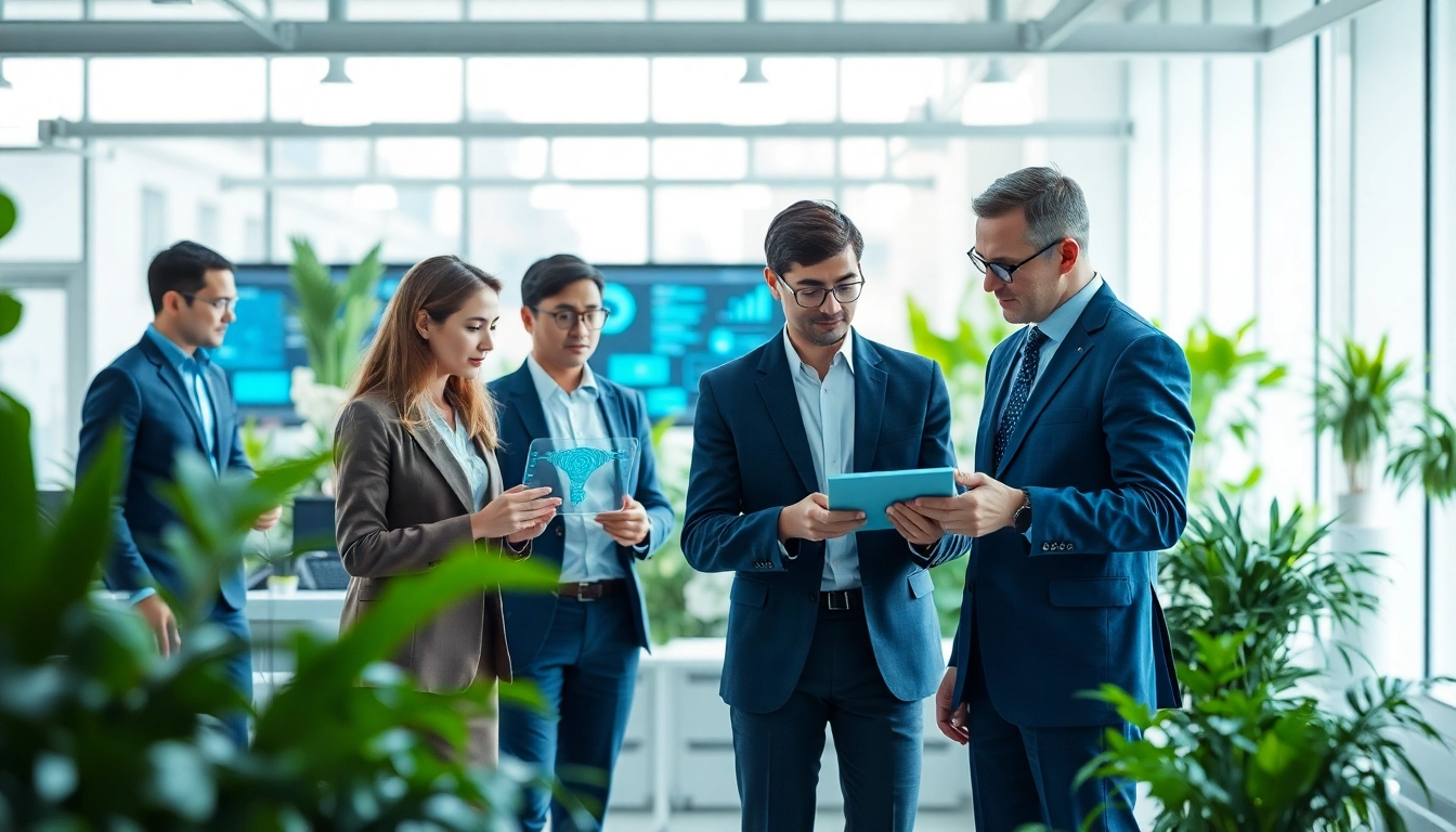AI agents assisting professionals in a modern workspace, highlighting interaction and technology.