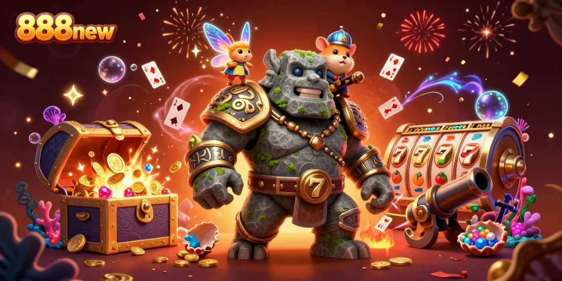 Engage with 888new's vibrant 3D scene filled with magical characters and dynamic casino elements.