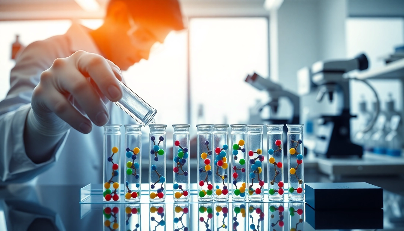 Researchers analyzing peptides in a vibrant lab setting, highlighting innovation and discovery.