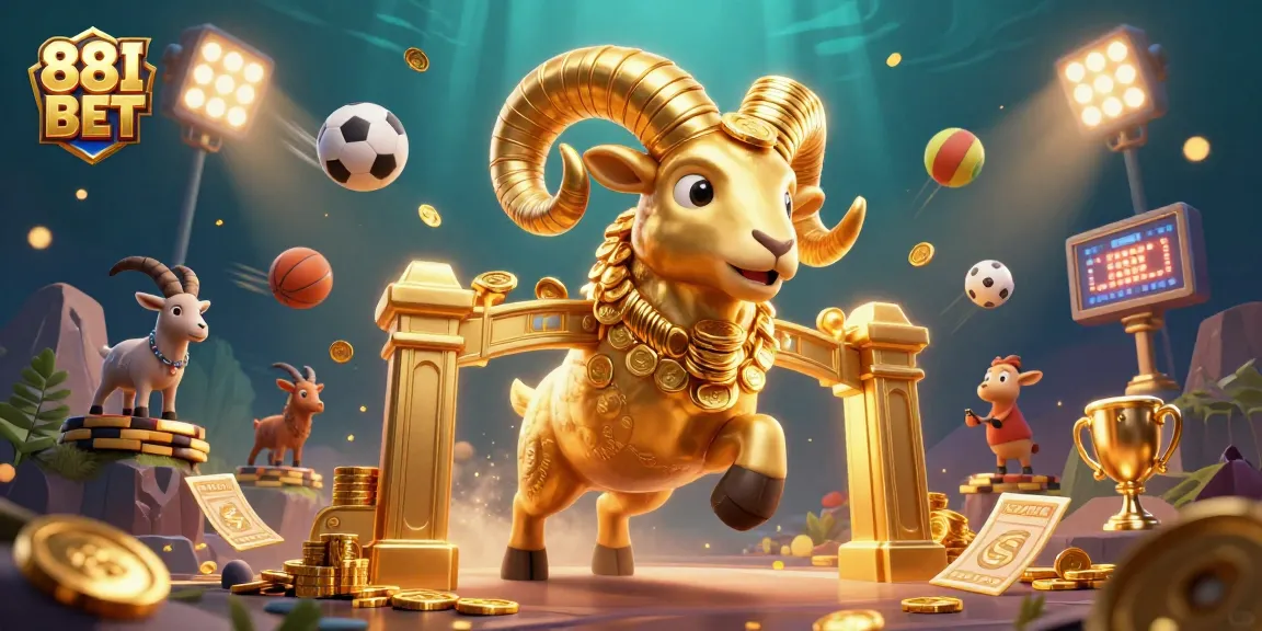 88I BET showcases a dynamic scene with a charging golden ram, sports elements, and casino excitement.
