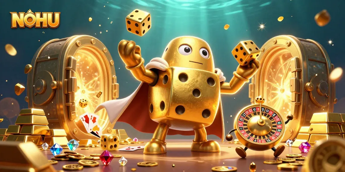 Engage with the exciting world of NOHU casino through lively imagery of golden character dice and sparkling treasures.