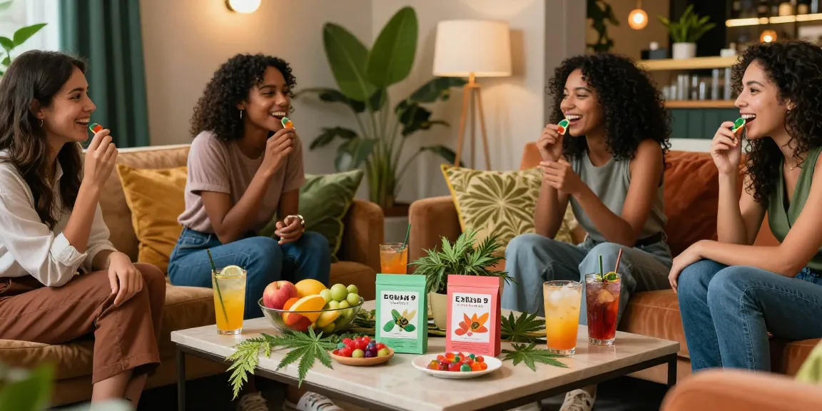 Enjoying the strongest thc gummies in a cozy lounge with friends, surrounded by colorful decor and fruit platters.